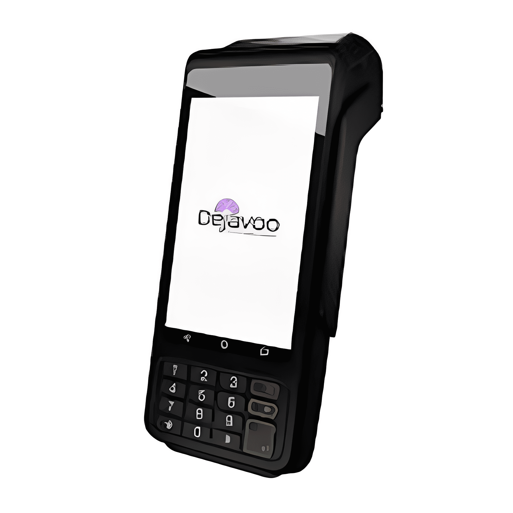 Handheld POS terminal with keypad and display screen showing the Delivoo logo.