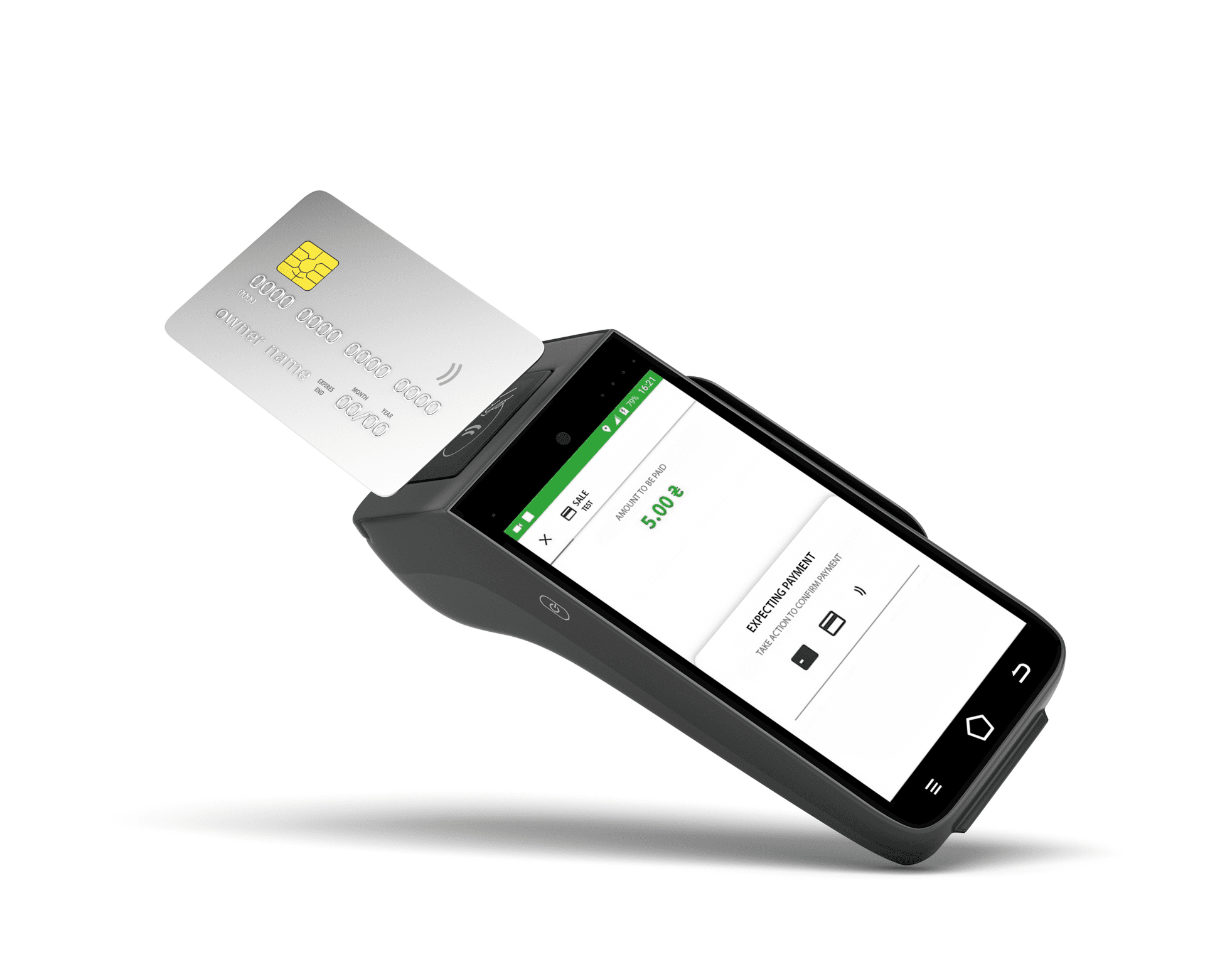 A modern payment terminal with a credit card inserted.