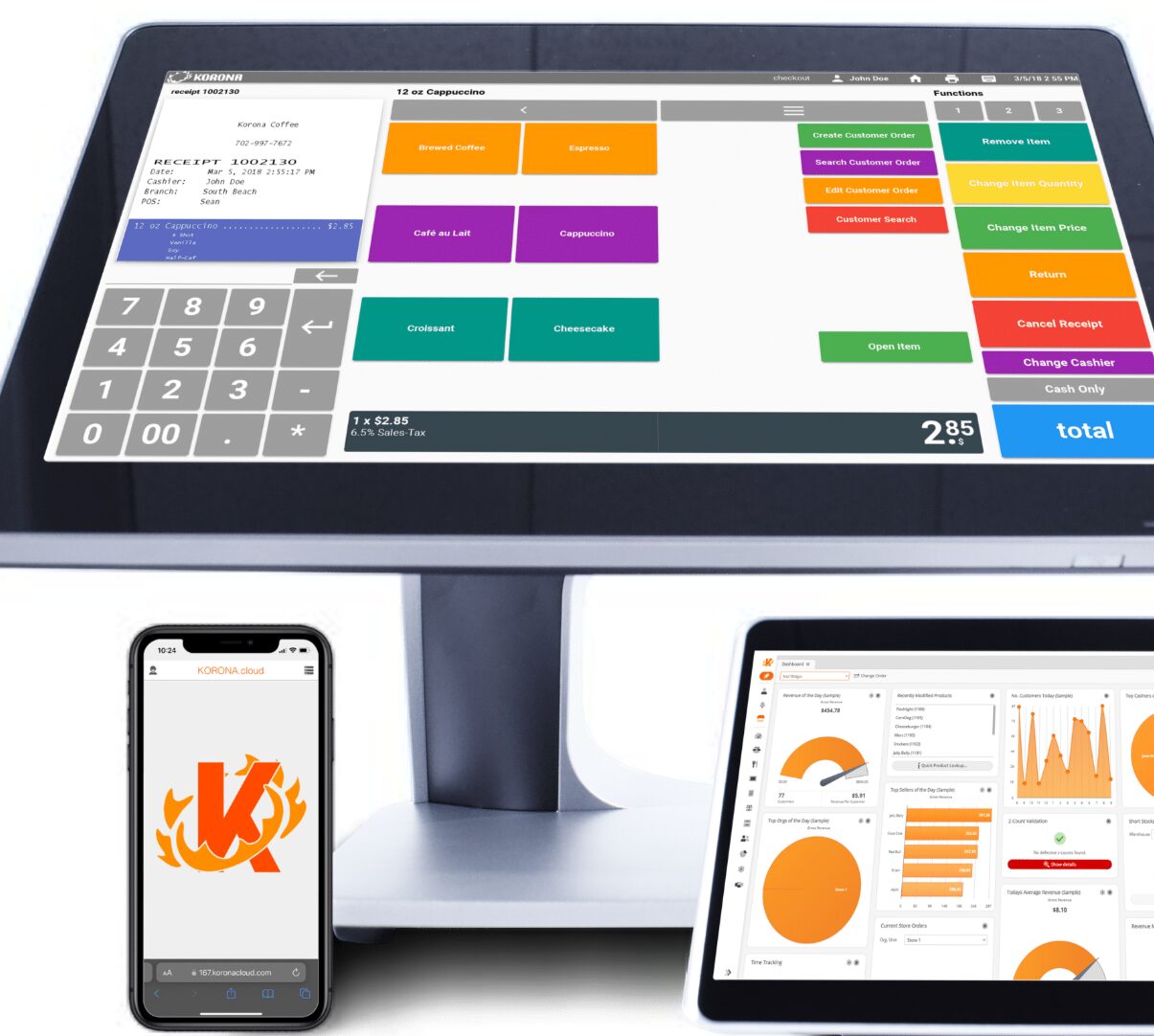 A computer monitor, tablet, and smartphone displaying colorful data dashboards and analytics.