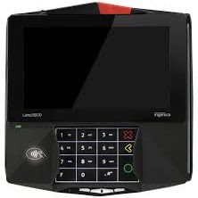 A black digital payment terminal with keypad and screen.
