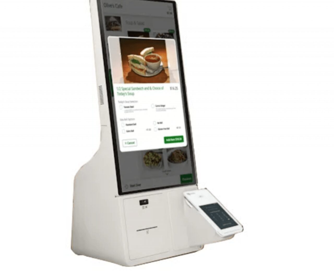 Self-service kiosk with touchscreen and card reader for ordering.