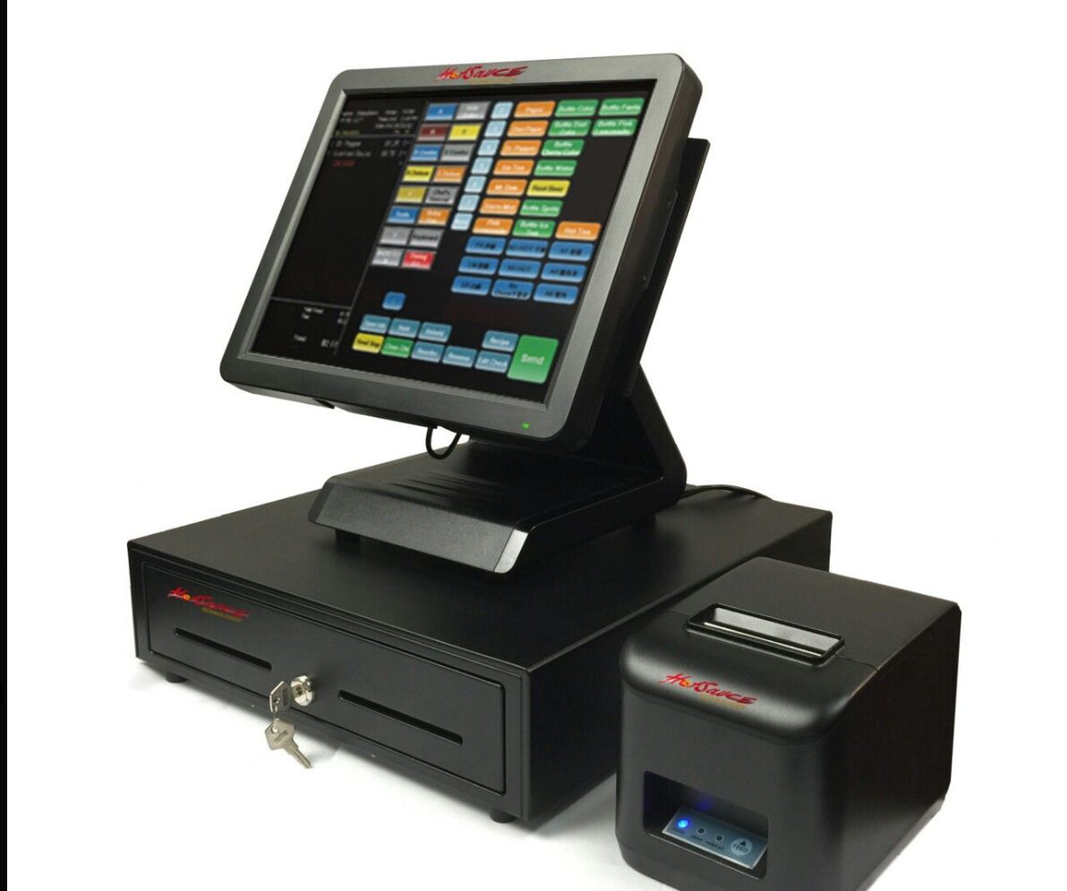 Point of sale system with touchscreen and receipt printer.