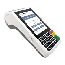 Compact payment terminal with touchscreen and keypad for card transactions.