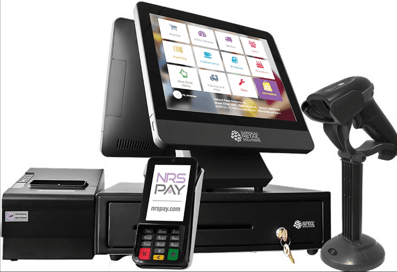 Modern POS system with touchscreen and card reader.