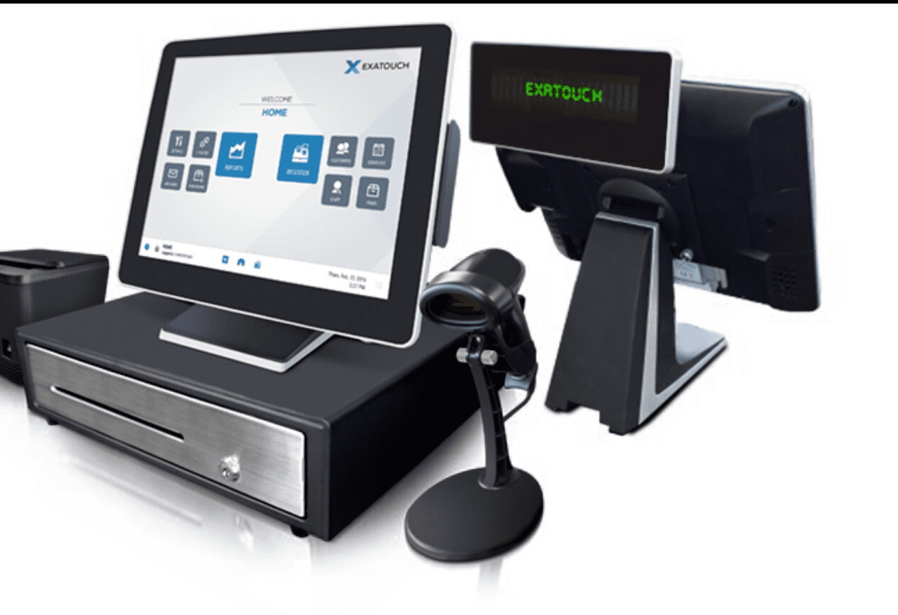 Point of sale system with touchscreen, barcode scanner, and customer display.