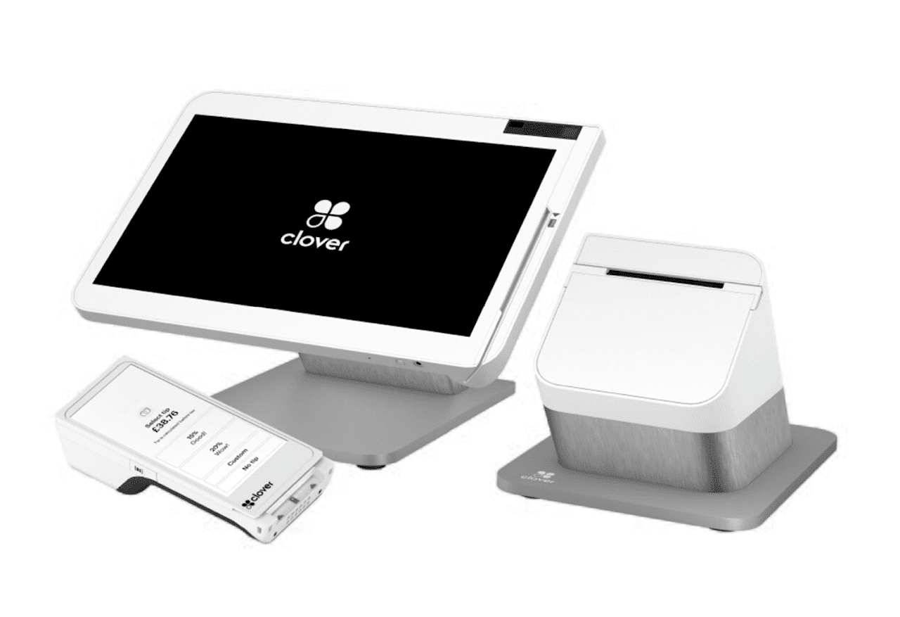 A white Clover point-of-sale system with a touchscreen and card reader.