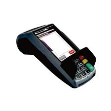 A modern credit card payment terminal with a touchscreen.