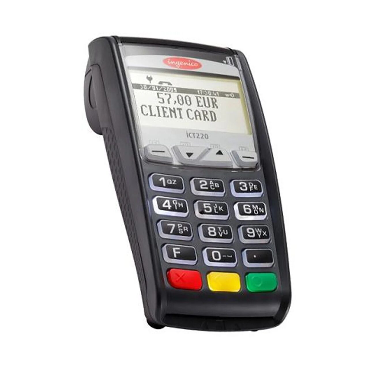 Handheld credit card payment terminal with keypad and display.