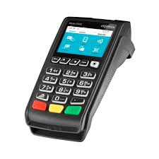 A modern payment card terminal with keypad and display screen.
