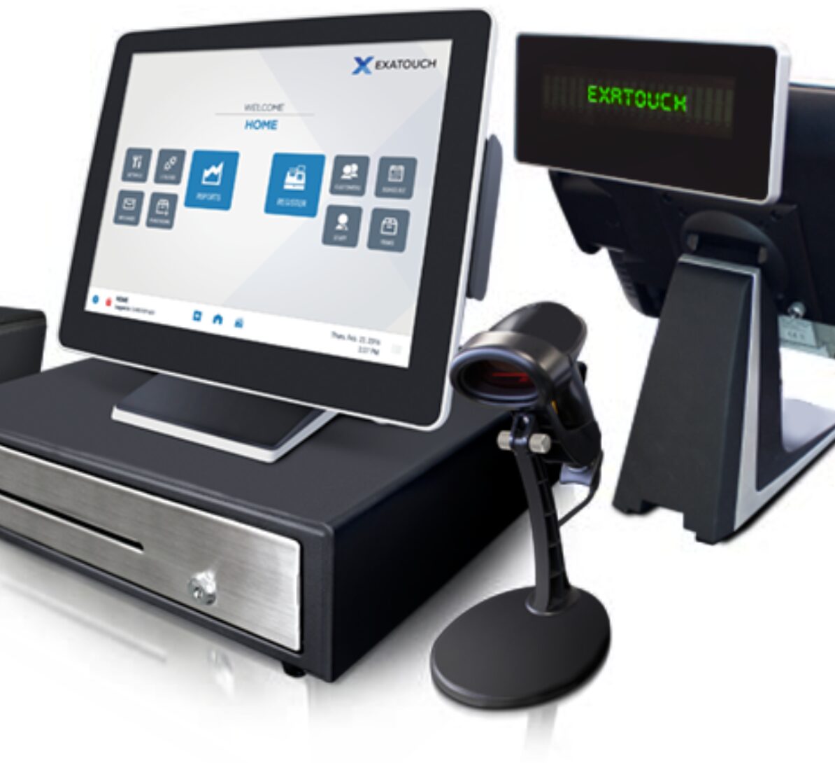 Modern point-of-sale system with touchscreen and barcode scanner.