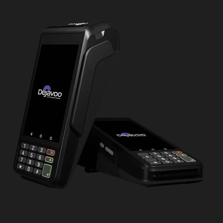 Two sleek black handheld devices with screens and keypads.