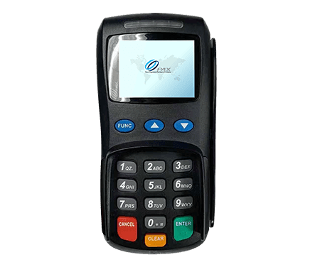 Portable card payment terminal with keypad and screen.