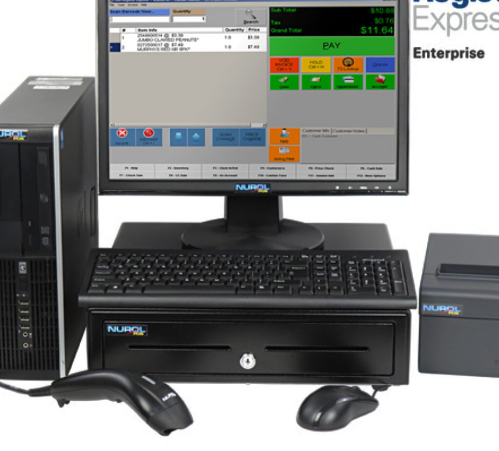 Point of sale system with monitor, keyboard, cash drawer, and scanner.