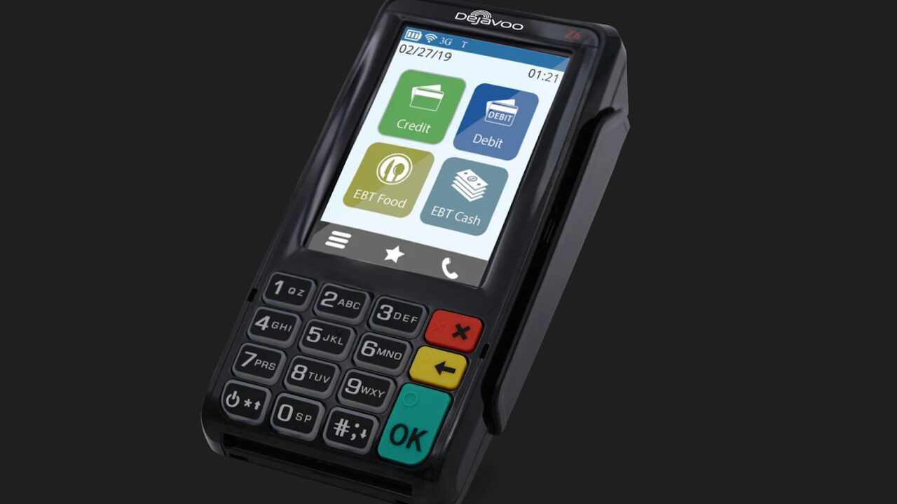 A modern credit card payment terminal with a color touchscreen and keypad.