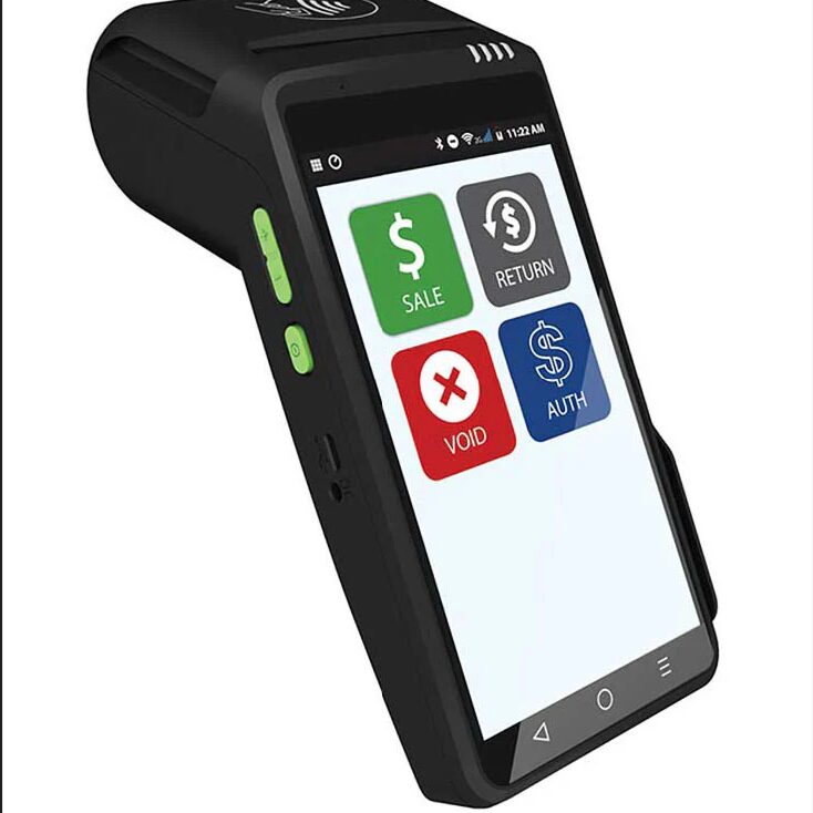Handheld payment terminal with touchscreen and multiple function buttons.