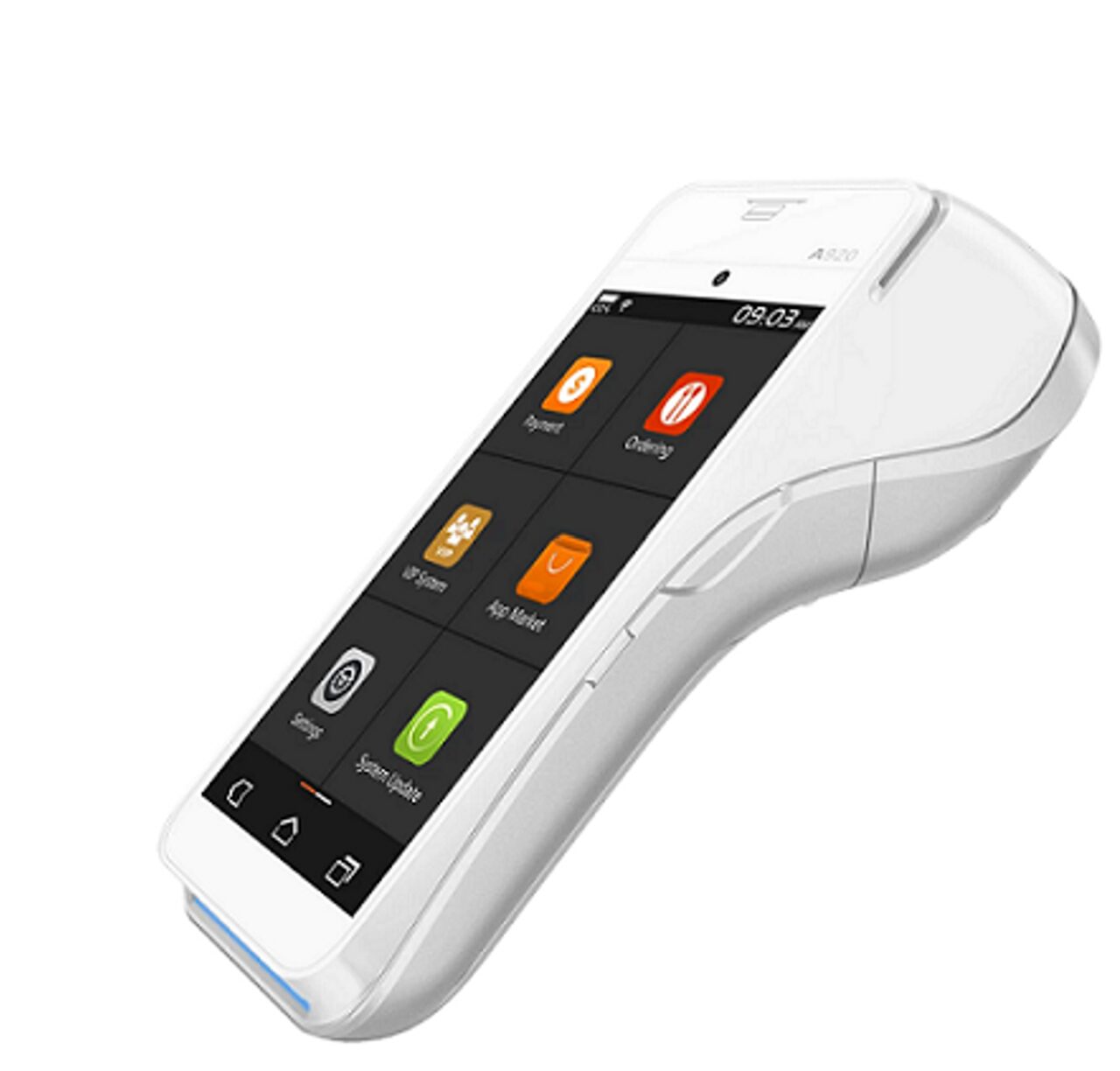 Handheld point-of-sale terminal with touchscreen and receipt printer.