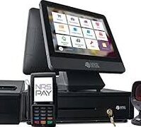 Modern point-of-sale system with touchscreen and card reader.