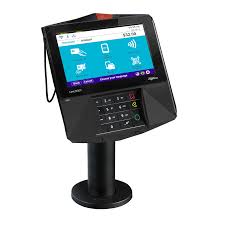Modern touchscreen kiosk with card reader and keypad.