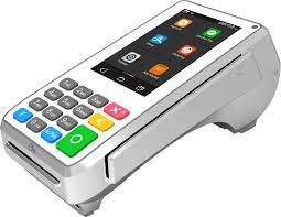 A modern handheld card payment terminal with touchscreen and keypad.