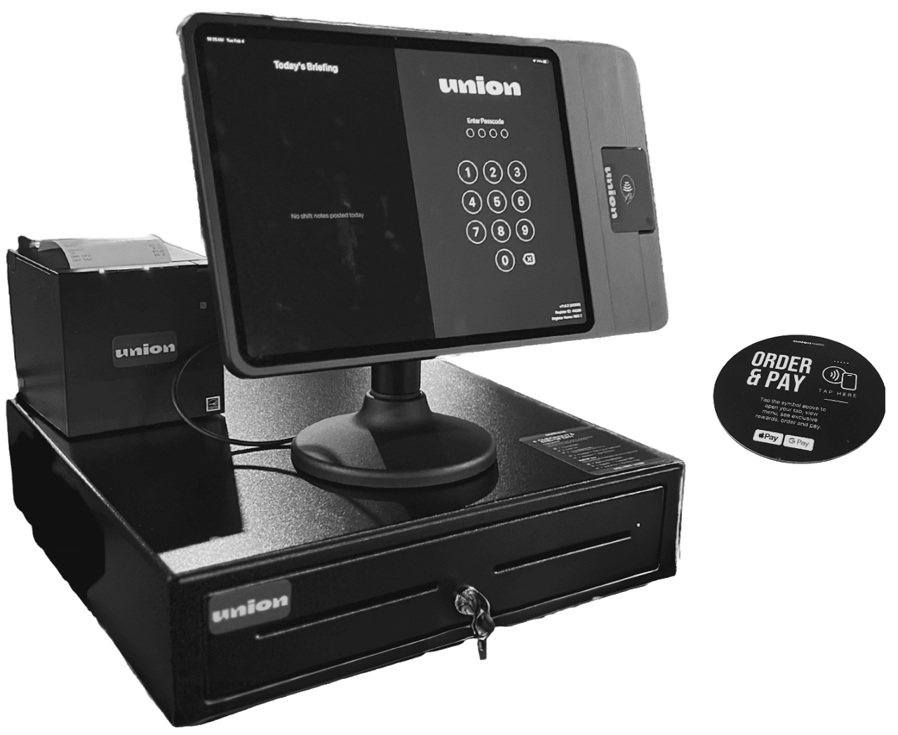 Modern touchscreen point-of-sale system with cash drawer and receipt printer.