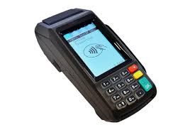 Portable payment terminal with touchscreen and keypad.