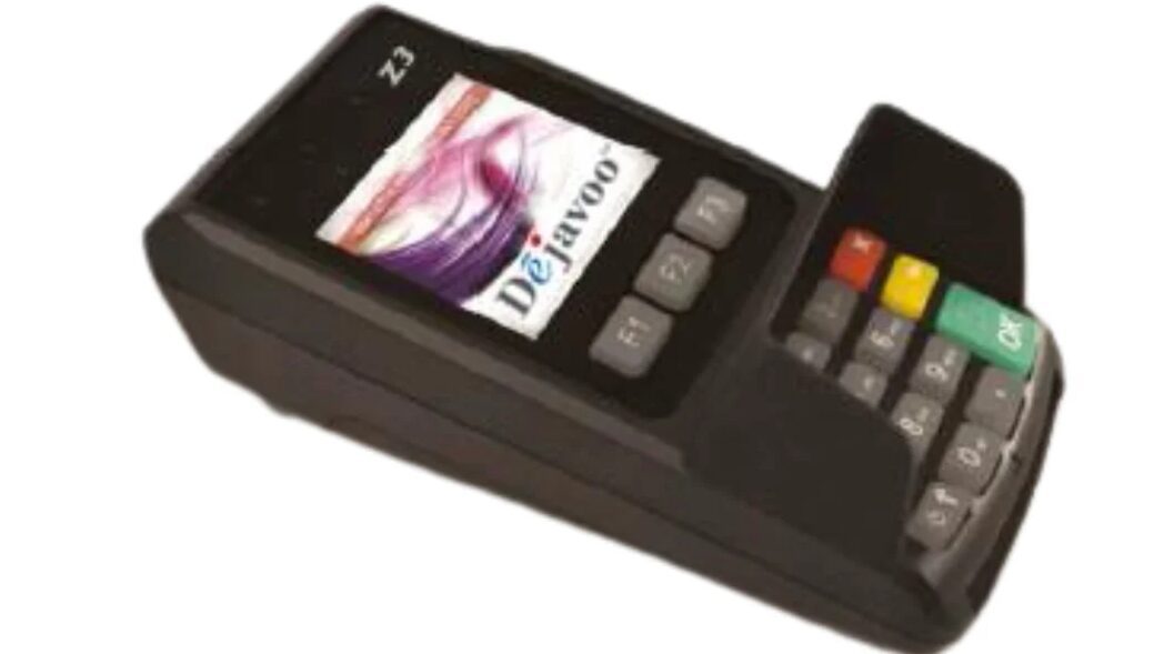 Close-up of a handheld credit card payment terminal.