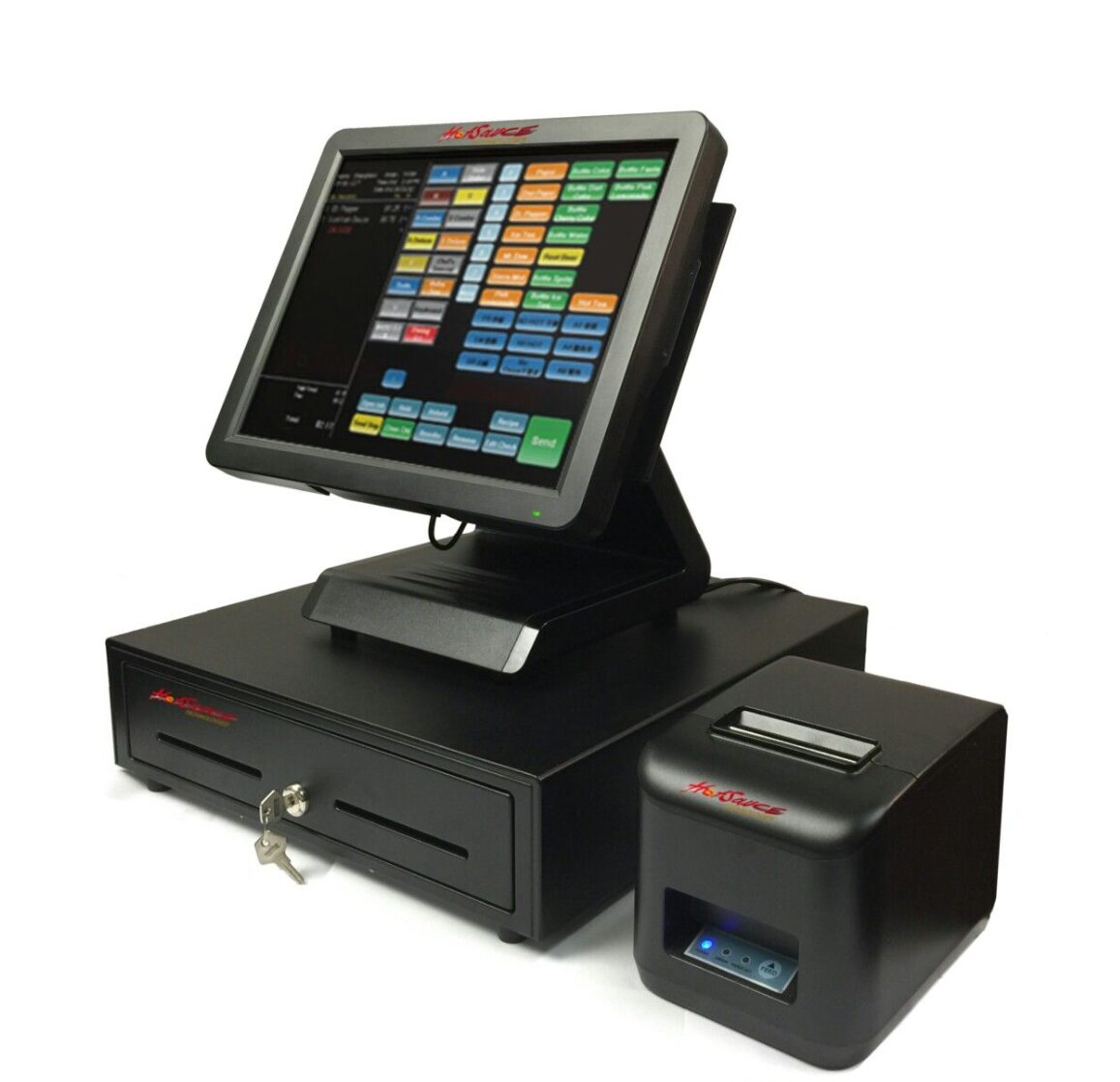 Modern touchscreen POS system with cash drawer and receipt printer.
