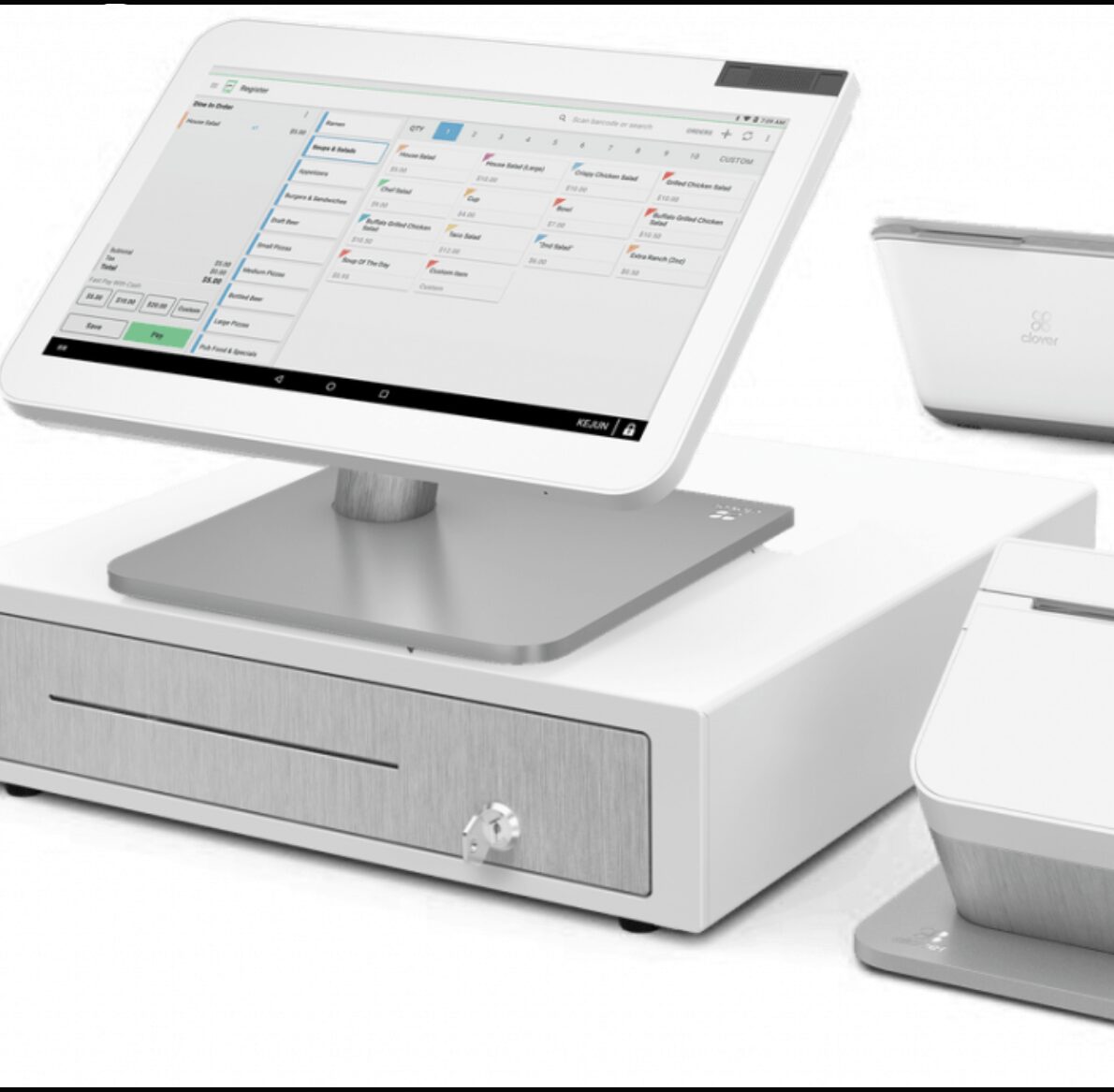 Modern point-of-sale system with touchscreen and cash drawer.