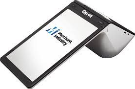 Close-up of a mobile card reader displaying the Microsoft Industry logo.