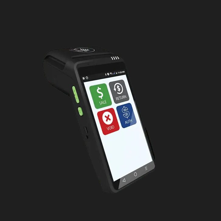 A handheld device with a touchscreen displaying icons for scanning and settings.