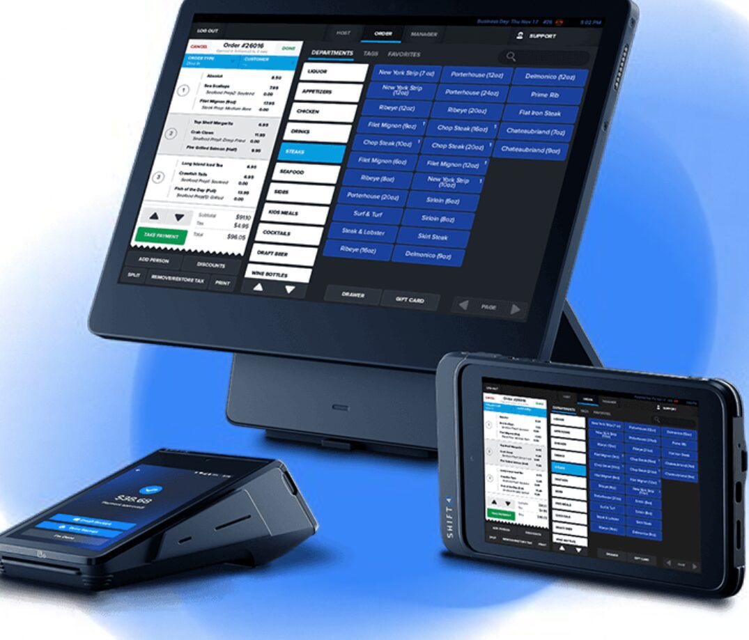 Modern point-of-sale system with touchscreen and mobile device integration.