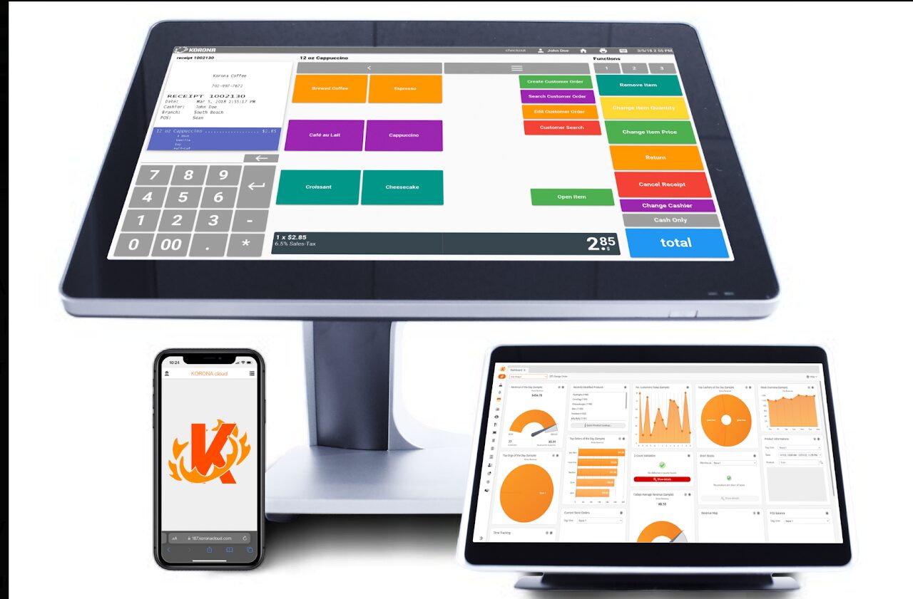 Point of sale system with touchscreen, smartphone, and tablet interfaces.