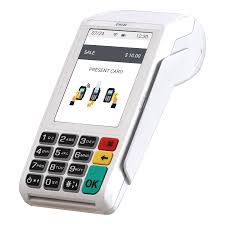 A white handheld credit card terminal with a color screen and keypad.