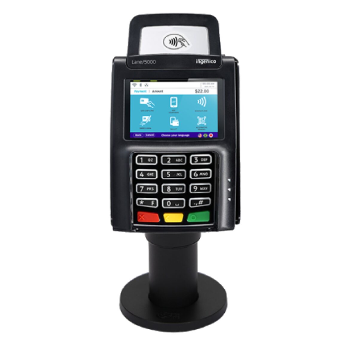 A modern payment terminal with a touchscreen and keypad on a stand.
