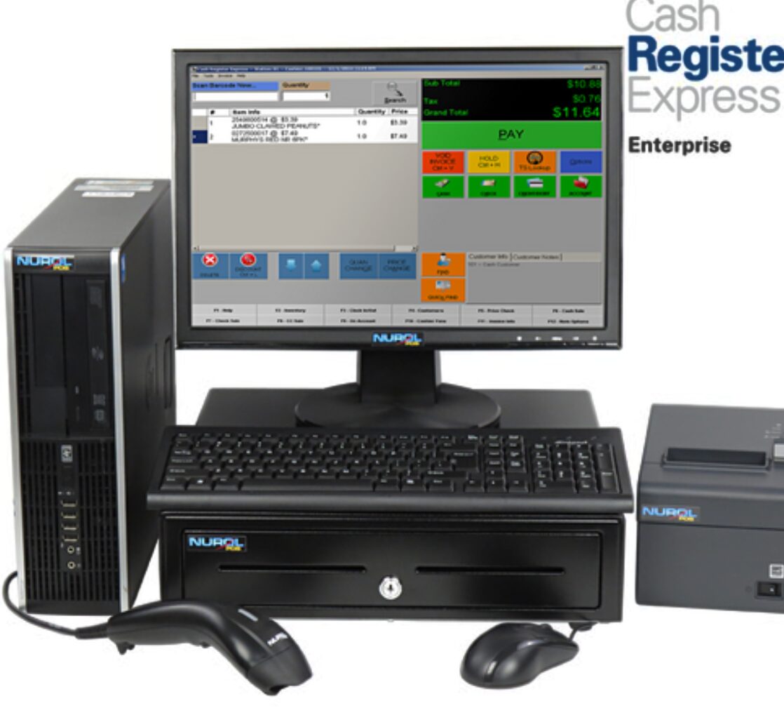 Complete cash register system with computer, monitor, keyboard, barcode scanner, and receipt printer.