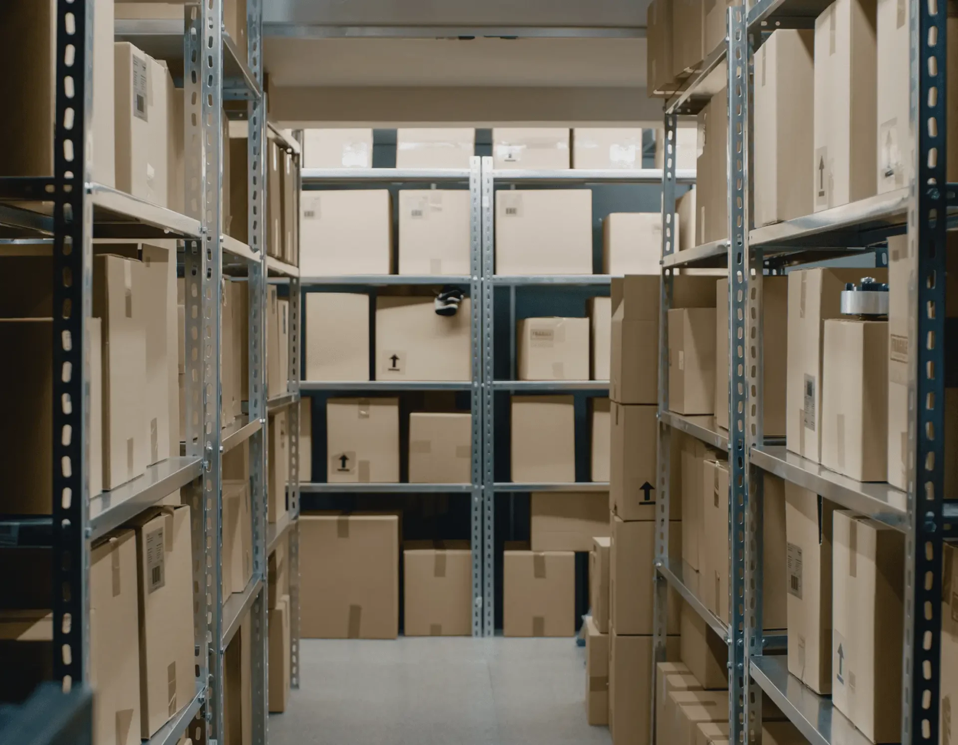 A storage room filled with shelves holding numerous cardboard boxes
